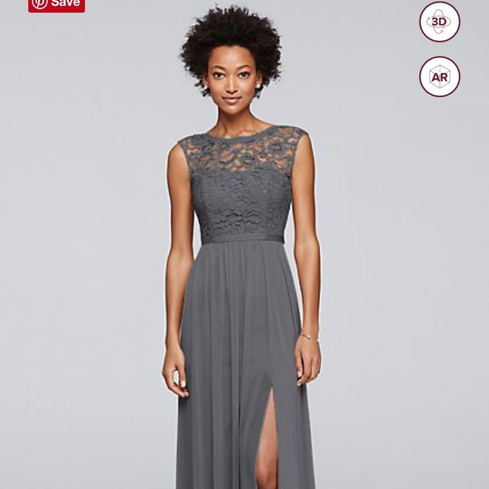 david’s bridal pewter bridesmaid dress with lace top